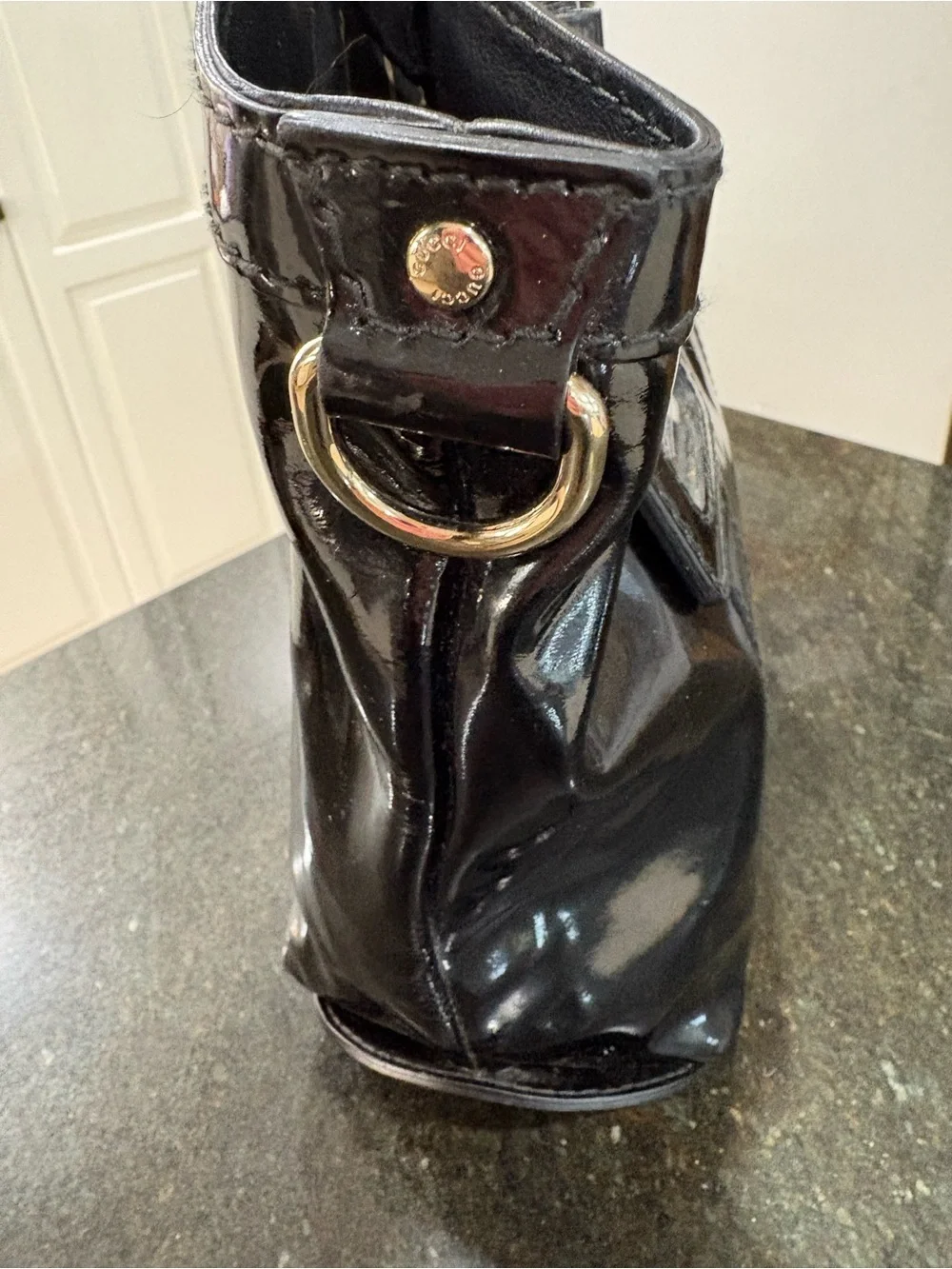 Gucci Black Patent Leather Shoulder Bag with Logo Tag